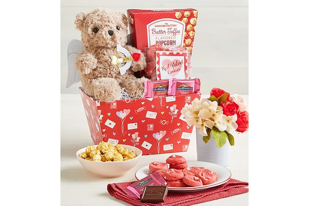 Valentine's Day gift basket with teddy bear