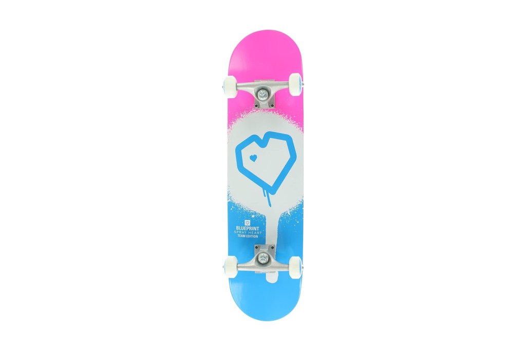 blue and pink graphic heart skate board