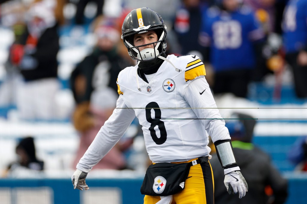 Kenny Pickett #8 of the Pittsburgh Steelers warms up before the game against the Buffalo Bills at Highmark Stadium on January 15, 2024 in Orchard Park, New York. (Photo by Sarah Stier/Getty Images)