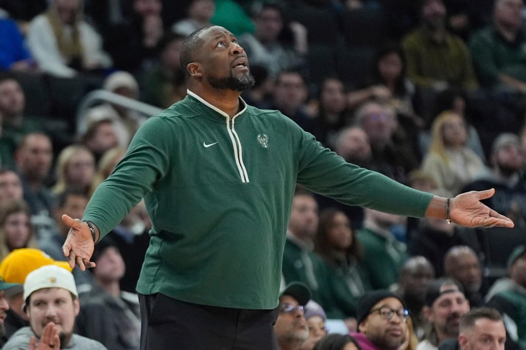 Milwaukee Bucks head coach Adrian Griffin reacts during the first half of an NBA basketball game Sunday, Jan. 14, 2024, in Milwaukee.