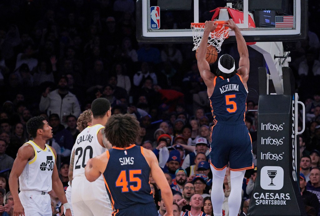 Precious Achiuwa slams home a dunk for two of his 18 points in the Knicks' blowout win.