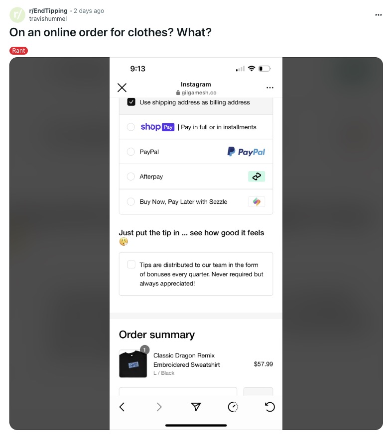 Pictured: Reddit Post showing the tip screen after the online purchase order
