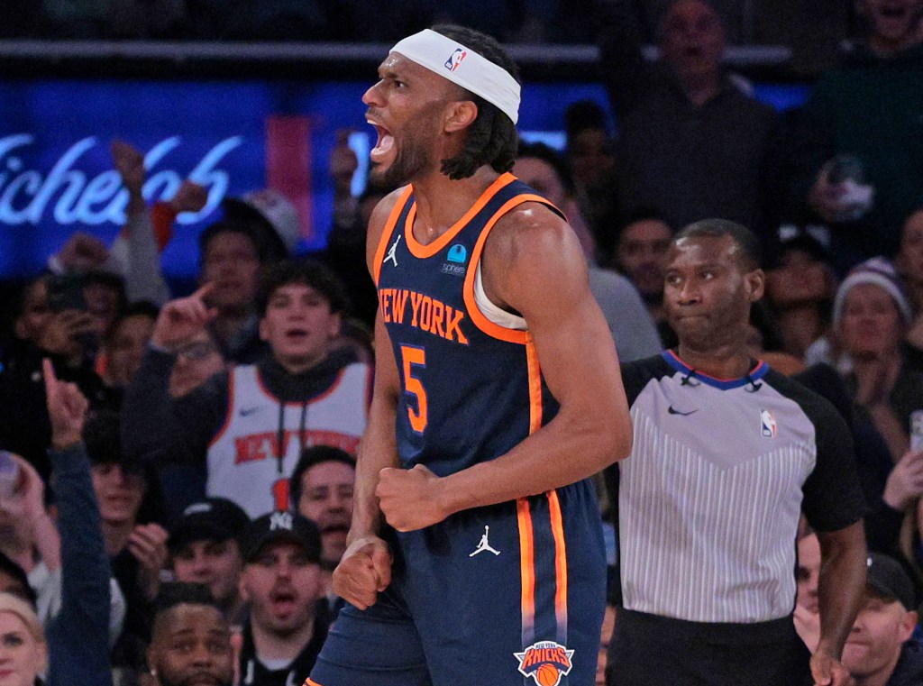 Precious Achiuwa celebrates after scoring during the Knicks' 118-103 blowout win over the Jazz.