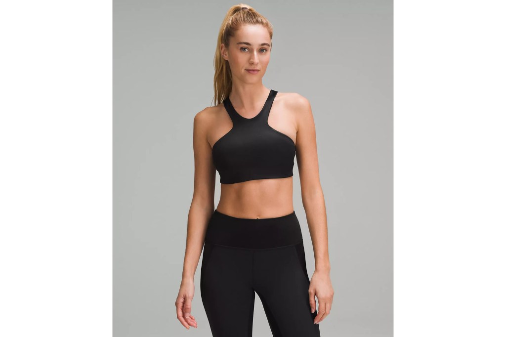 model wearing lululemon sports bra and leggings