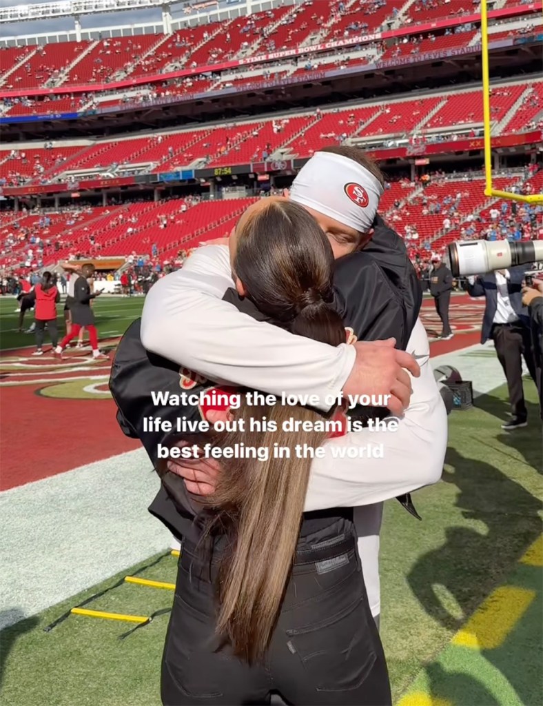 Christian McCaffrey and Olivia Culpo celebrate after the 49ers beat the Lions to punch their ticket to the Super Bowl on Jan. 28, 2024.