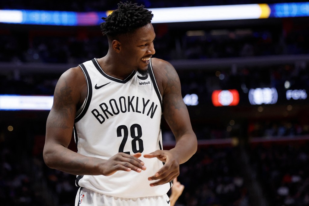 Brooklyn Nets forward Dorian Finney-Smith (28) reacts during the second half against the Detroit Pistons at Little Caesars Arena.