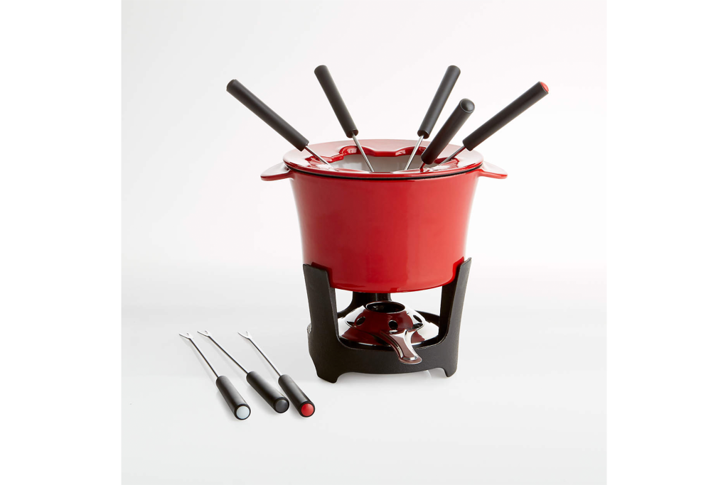 Crate & Barrel Red Cast Iron Fondue Set