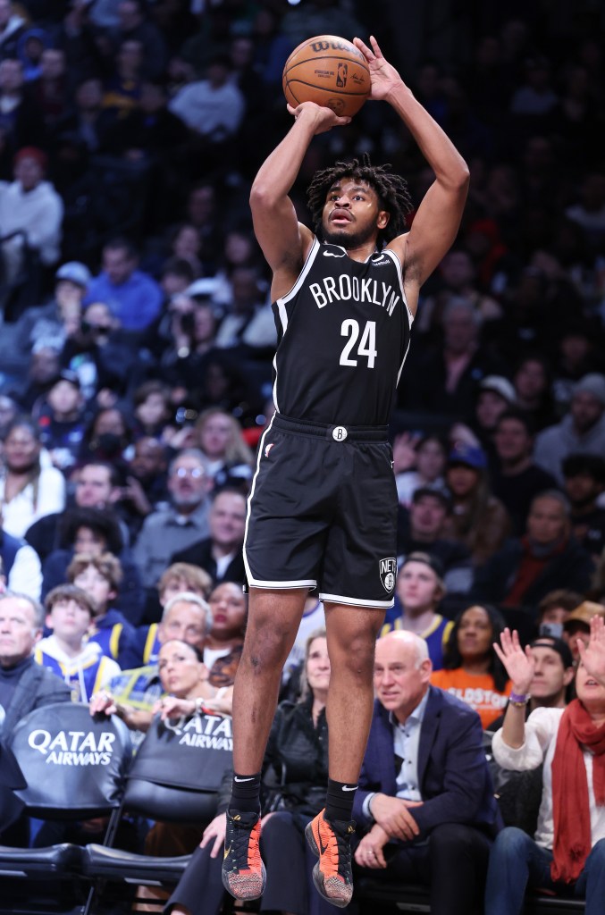 The Nets' Cam Thomas shoots during the game against the Warriors on Monday. 