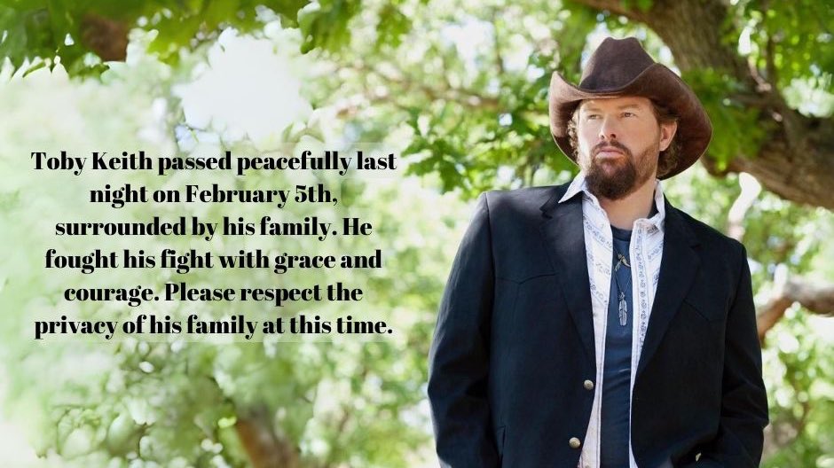 A statement announcing the death of Toby Keith.