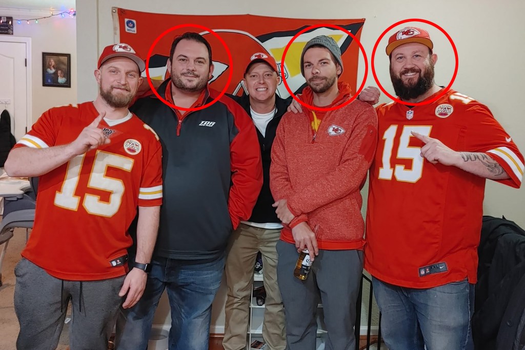 David Harrington (second left), Clayton McGeeney (second right) and Ricky Johnson (right) are shown with two unidentified fellow Chiefs fans.