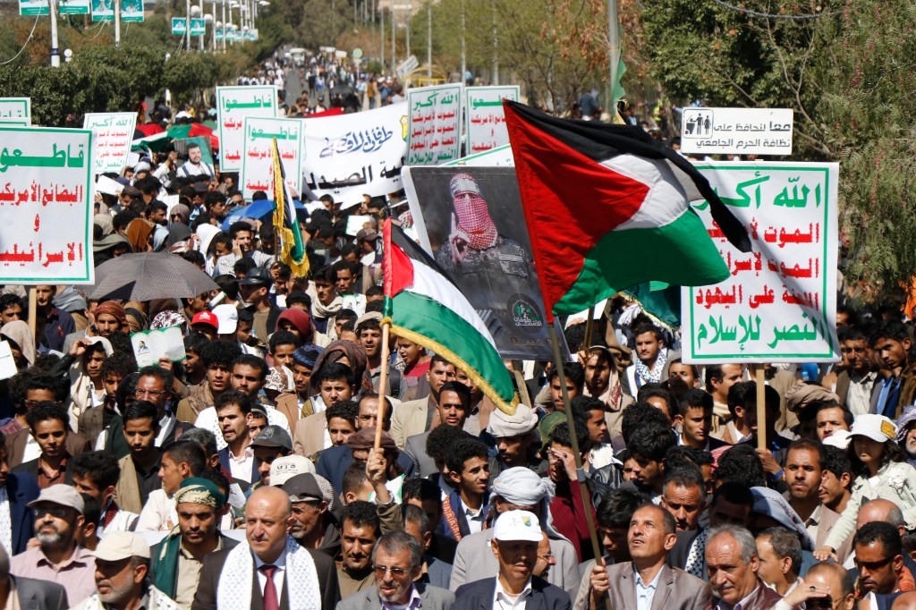 Protesters in Yemen last week flood the streets of the capital of Sana'a to show their support for Palestinians in Gaza.