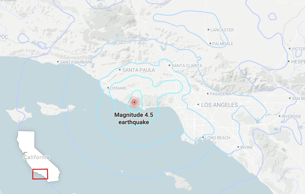 Map of Southern California showing location of 4.6 magnitude earthquake near Malibu coast.