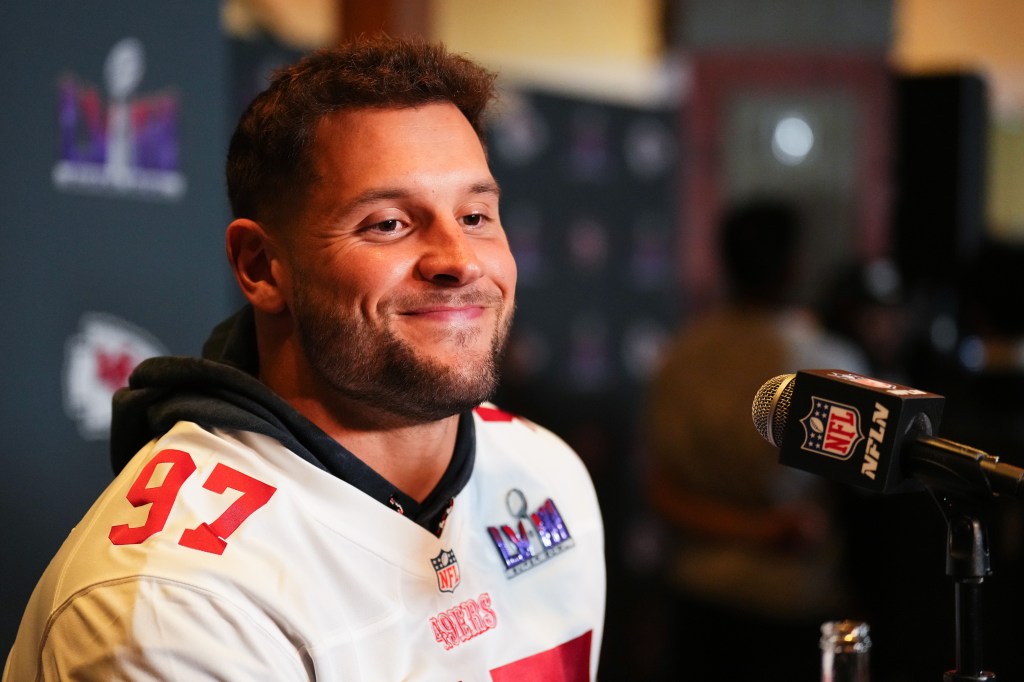 Nick Bosa talks to the media during Super Bowl week.