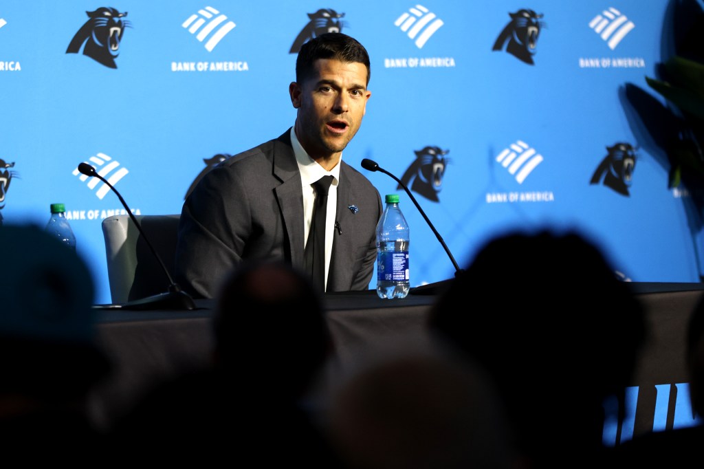 Panthers Head Coach Dave Canales speaks with the media