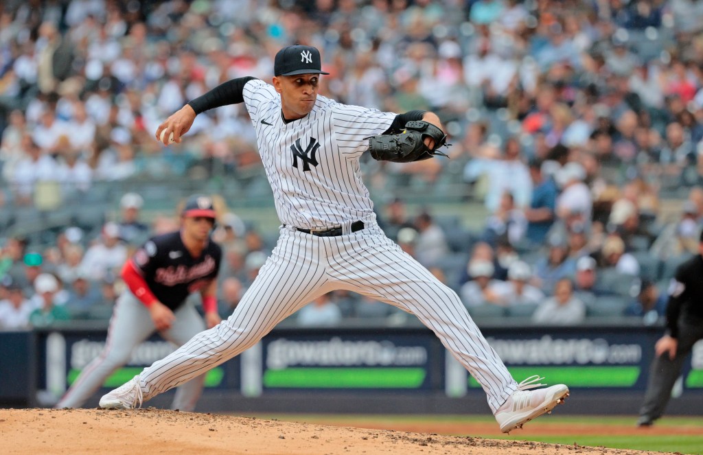 New York Yankees relief pitcher Keynan Middleton #93 throwing a pitch during the fourth inning of Washington Nationals vs. New York Yankees game.