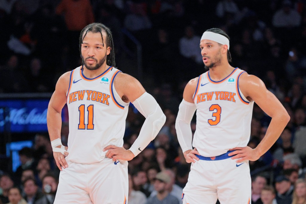 Jalen Brunson and Josh Hart react on the court during second quarter of Portland Trail Blazers vs New York Knicks at Madison Square Garden.