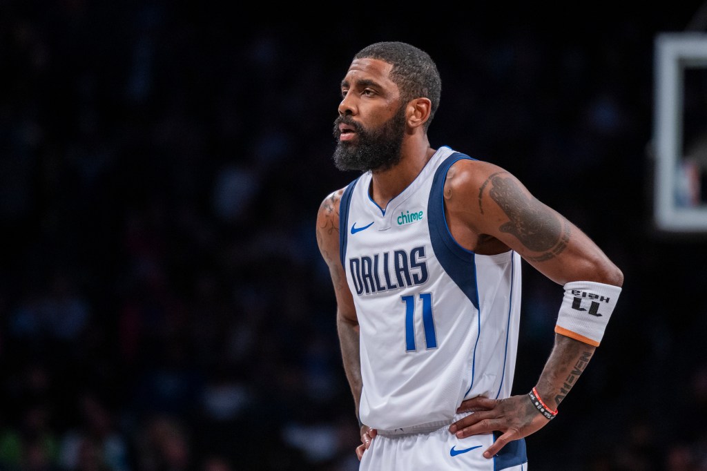 Kyrie Irving of the Dallas Mavericks looks on during a game against the Brooklyn Nets at Barclays Center.