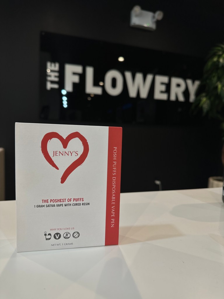 Heart-shaped cannabis products from “Jenny Loves Me” in the Hudson Valley are for sale in The Flowery dispenser in Staten Island.