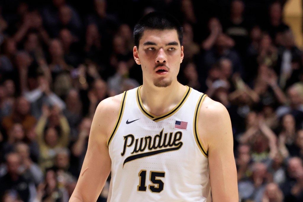 Zach Edey #15 of the Purdue Boilermakers looks on in the game against the Northwestern Wildcats.