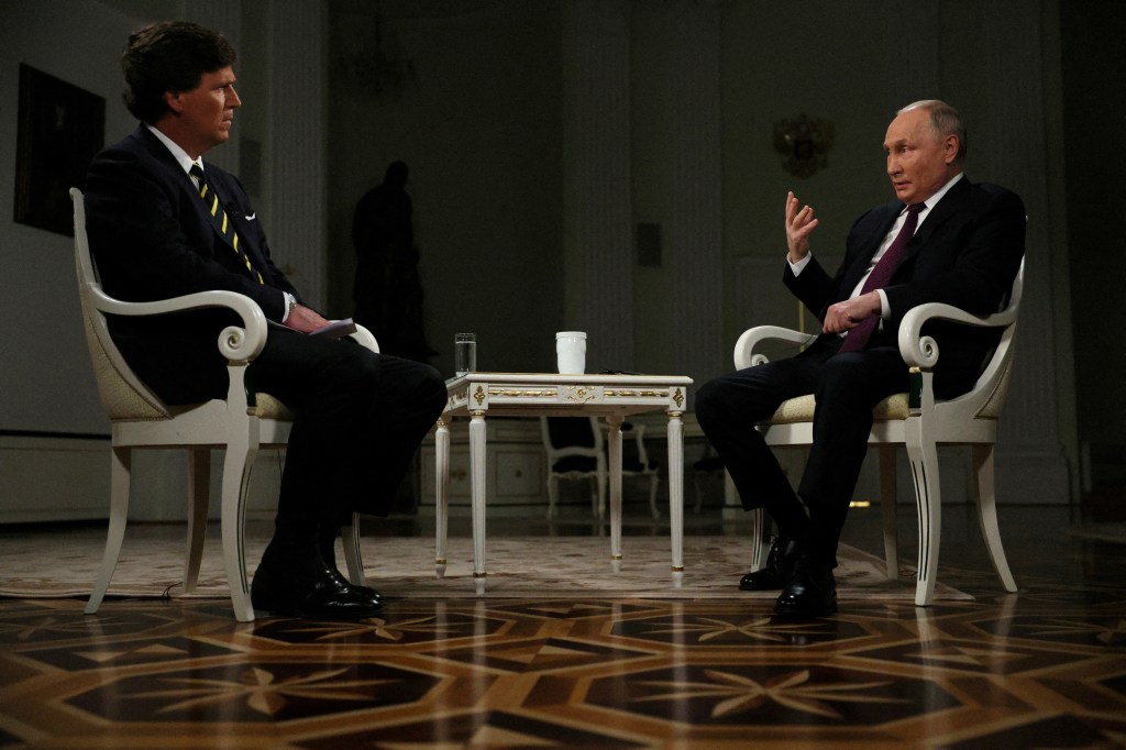 Russian President Vladimir Putin speaks during an interview with U.S. television host Tucker Carlson in Moscow, Russia February 6, 2024