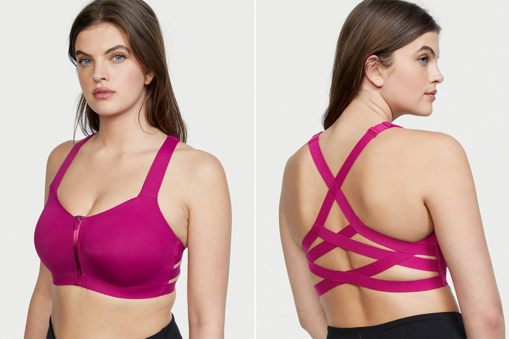 A side by side of a woman in a strappy pink sports bra, front and back 