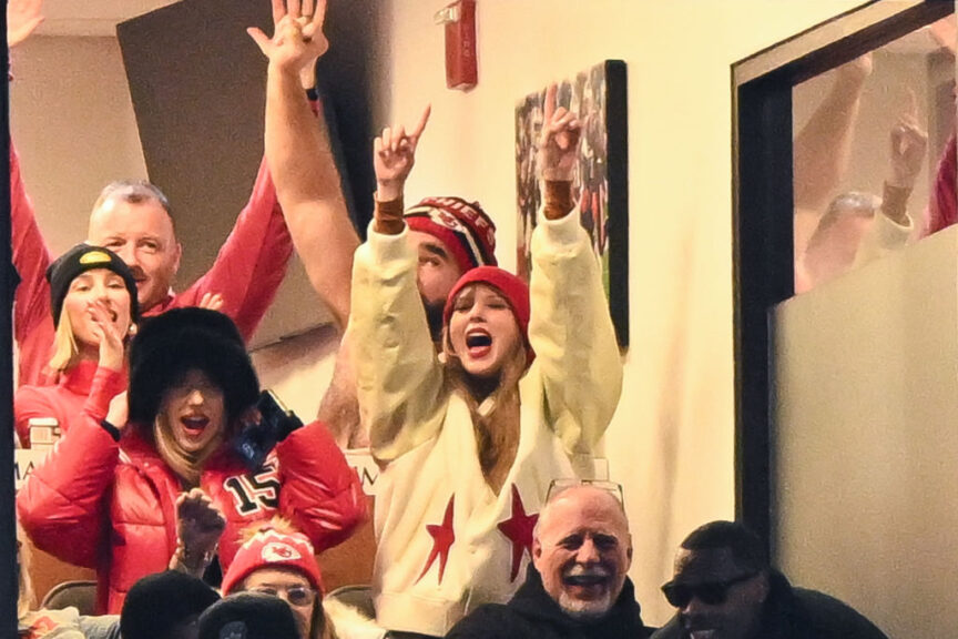 ORCHARD PARK, NY - JANUARY 21: Brittany Mahomes, Jason Kelce, and Taylor Swift react during the second half of the AFC Divisional Playoff game between the Kansas City Chiefs and the Buffalo Bills at Highmark Stadium on January 21, 2024 in Orchard Park, New York. (Photo by Kathryn Riley/Getty Images)