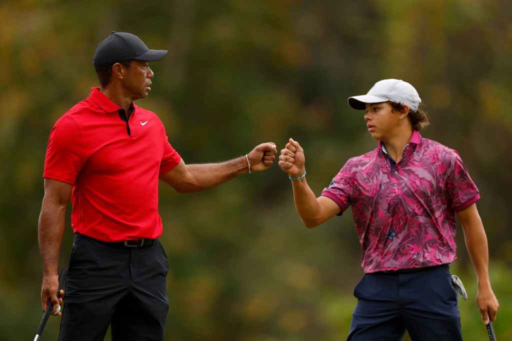 Charlie Woods (r.), the son of Tiger Woods (l.), will attempt to qualify for the PGA Tour's Cognizant Classic.