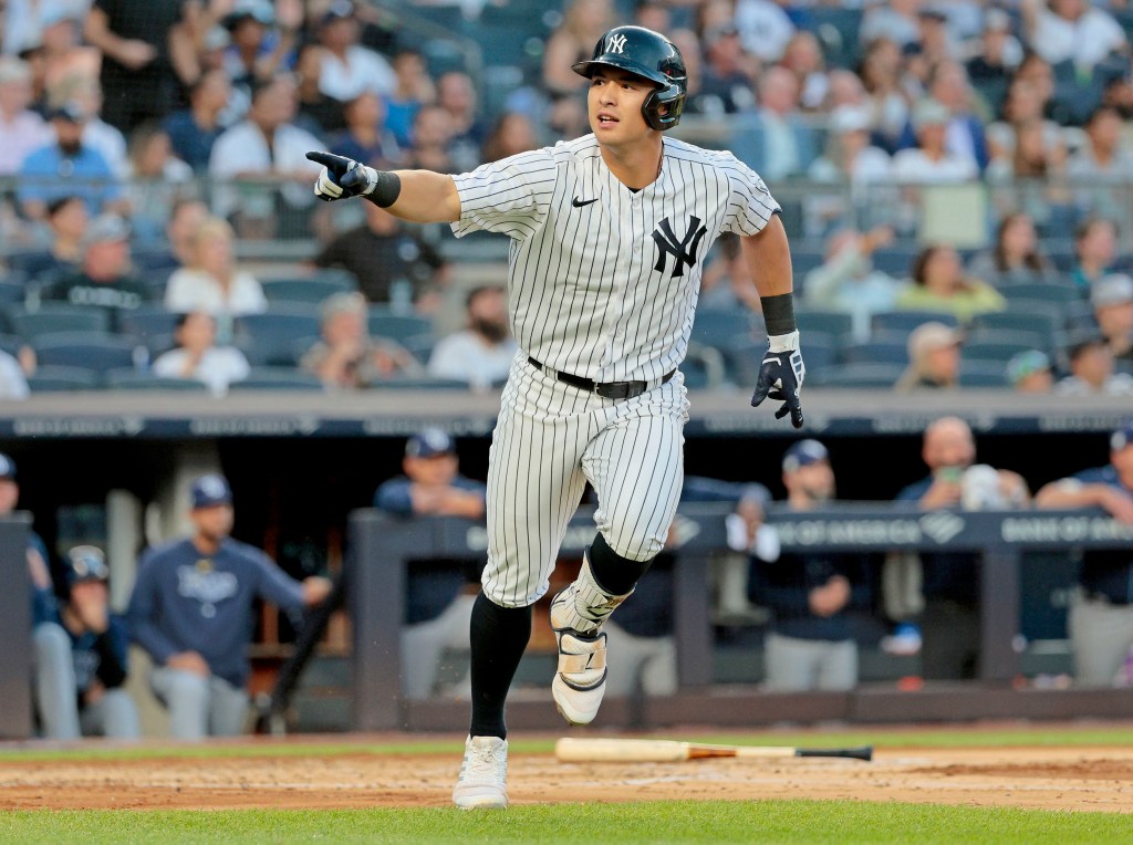 Anthony Volpe celebrates after hitting one of his 20 homers during his rookie season with the Yankees.