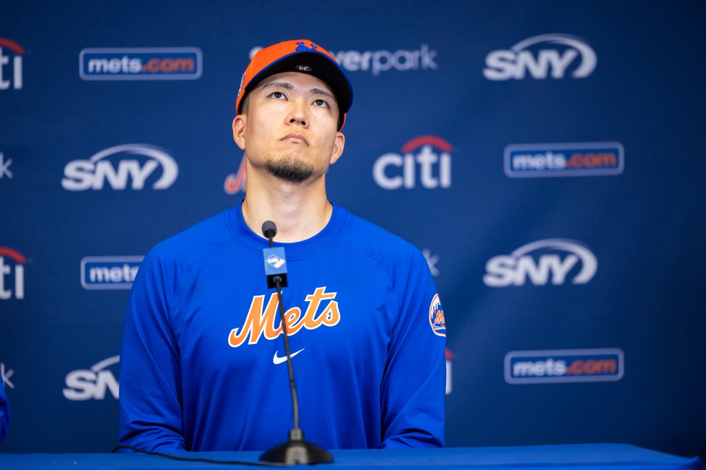 Mets starting pitcher Kodai Senga speaks to the media regarding his injury