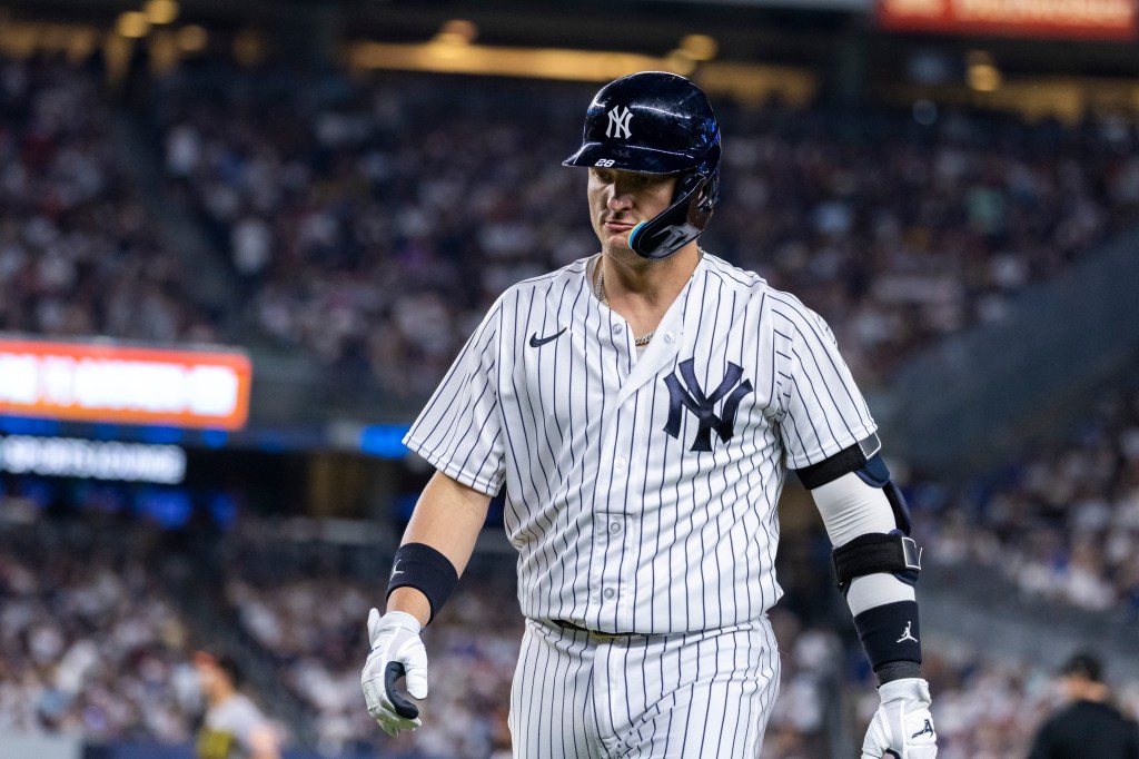 New York Yankees third baseman Josh Donaldson flies out in the sixth inning against the Baltimore Orioles at Yankee Stadium, Monday, July 3, 2023, in Bronx, NY. 