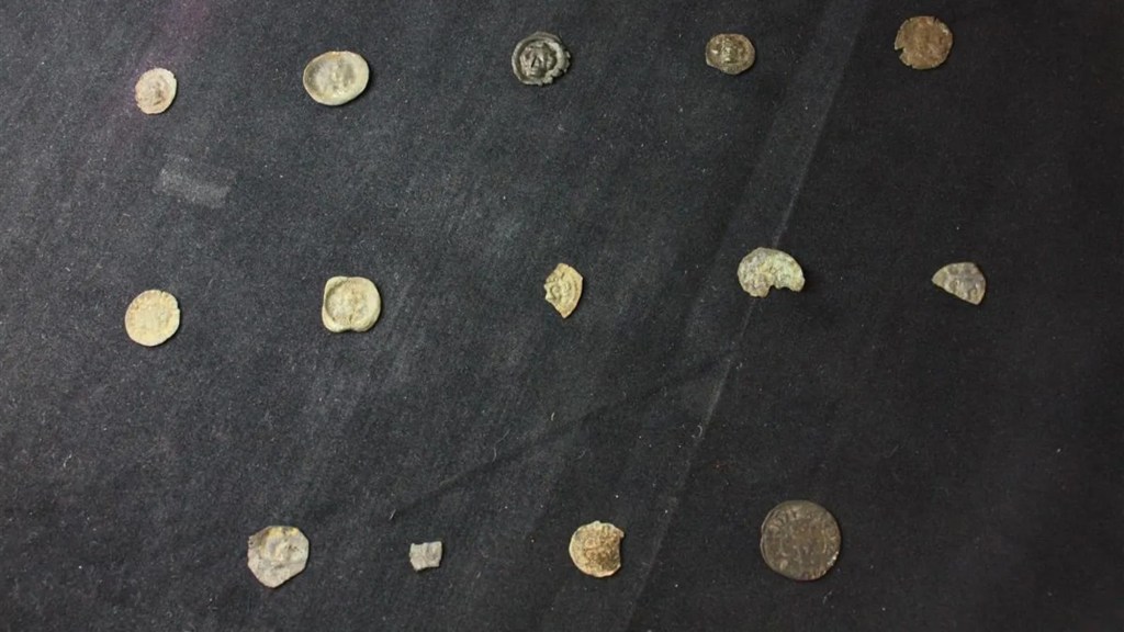 Coins from the reign of Magnus VI on a black surface.