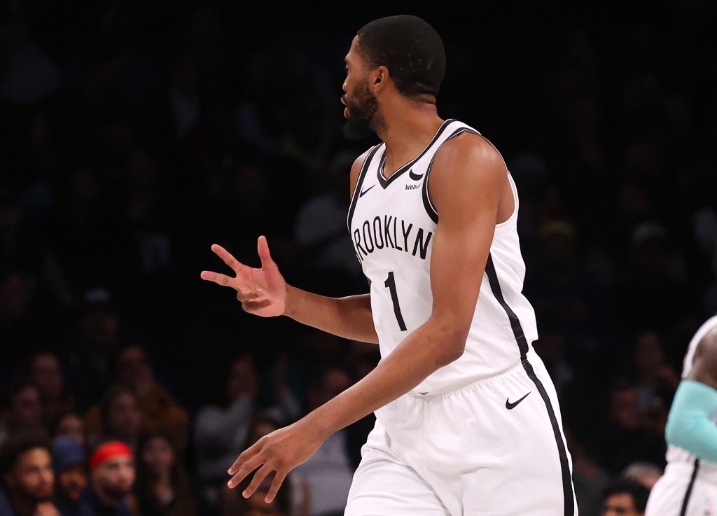 Mikal Bridges celebrates after hitting a 3-pointer during the Nets' loss.