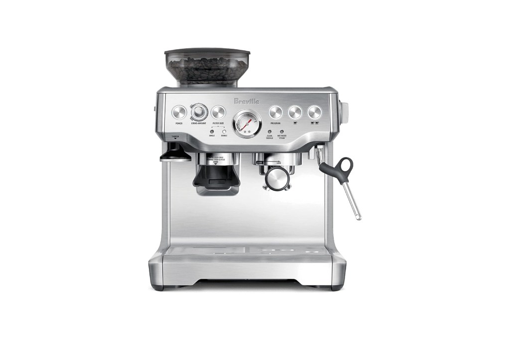 A silver and black coffee machine.