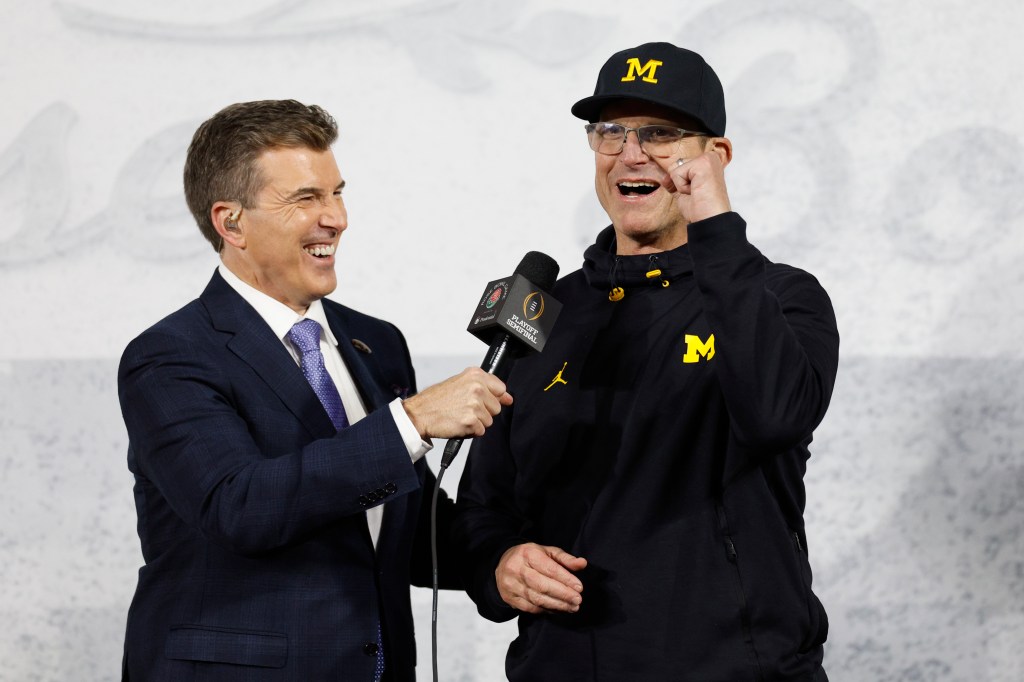 Rece Davis (l.) interviews Jim Harbaugh (r.) after Michigan's Rose Bowl win on Jan. 1, 2024.