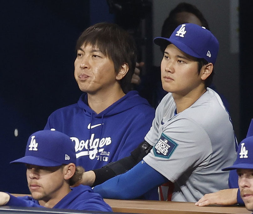 Shohei Ohtani and former interpreter Ippe Mizuhara during the Dodgers game in Korea last week.