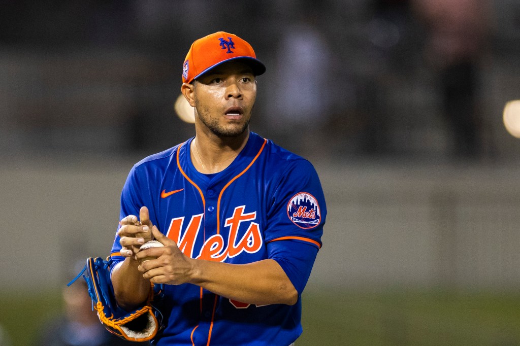 Jose Quintana, New York Mets starting pitcher, reacting in the second inning against the Houston Astros during Spring Training 2024 in Florida.