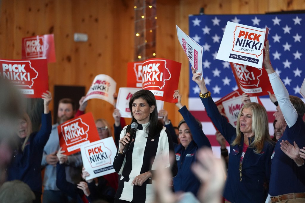 Republican presidential candidate former UN Ambassador Nikki Haley speaks at a campaign event, Jan. 14, 2024, in Adel, Iowa. 