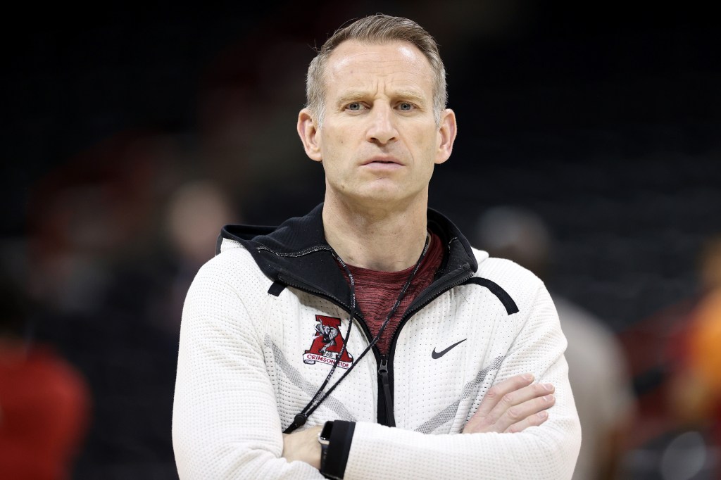 Head coach Nate Oats of the Alabama Crimson Tide looks on during practice ahead of the first and second rounds of the NCAA Men's Basketball Tournament.