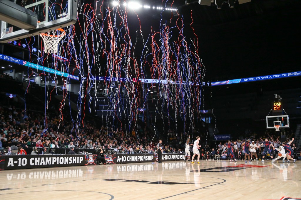 The streamers fall down prematurely in the second half of the game between the Duquesne Dukes and the Virginia Commonwealth Rams at Barclays Center.