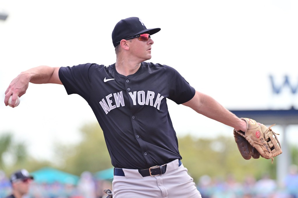 DJ LeMahieu throws the ball to first base in the third inning against the Toronto Blue Jays during a 2024 Grapefruit League Spring Training game on March 8, 2024 in Dunedin, Florida.