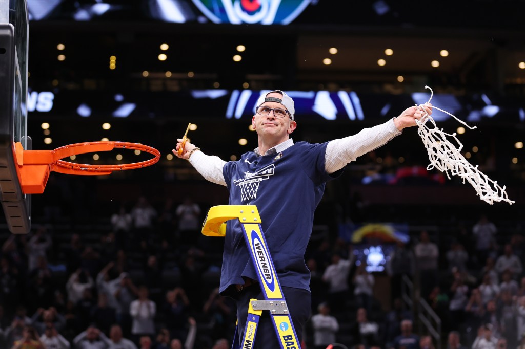 Head coach Dan Hurley of the Connecticut Huskies celebrates after defeating the Illinois Fighting Illini in the Elite 8 round of the NCAA Men's Basketball Tournament at TD Garden on March 30, 2024 in Boston.