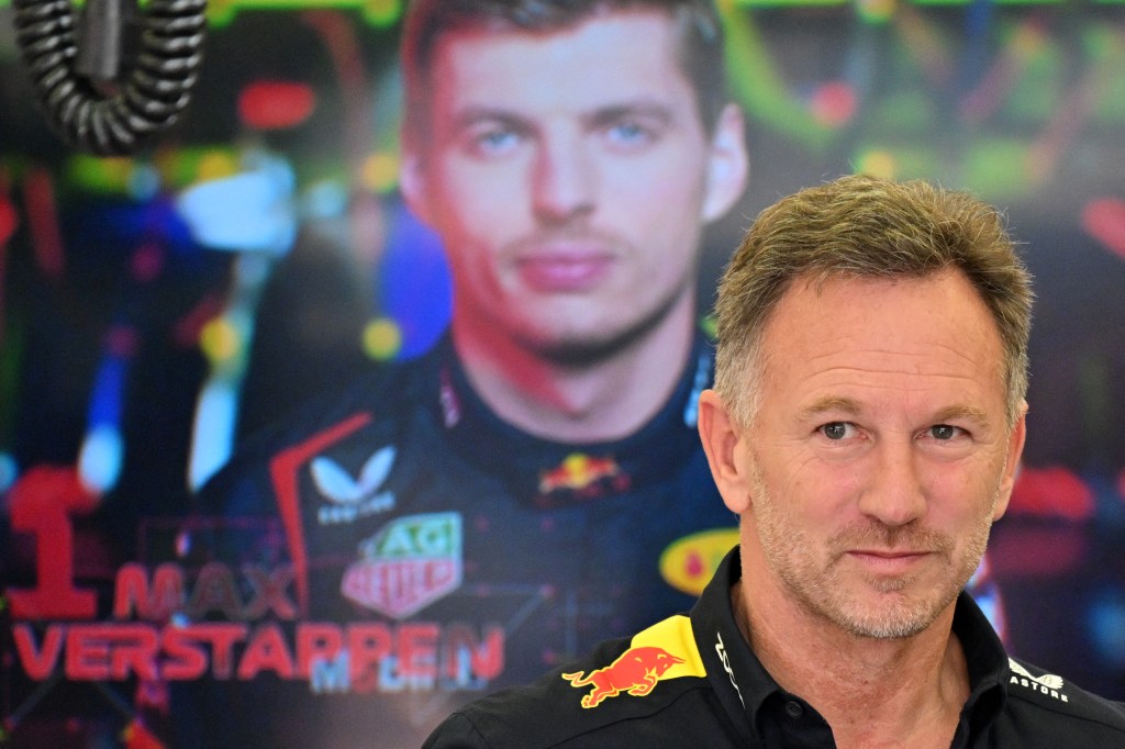 Red Bull Racing team principal Christian Horner watches in the garage during the first practice session of the Bahrain Formula One Grand Prix at the Bahrain International Circuit in Sakhir on February 29, 2024. 