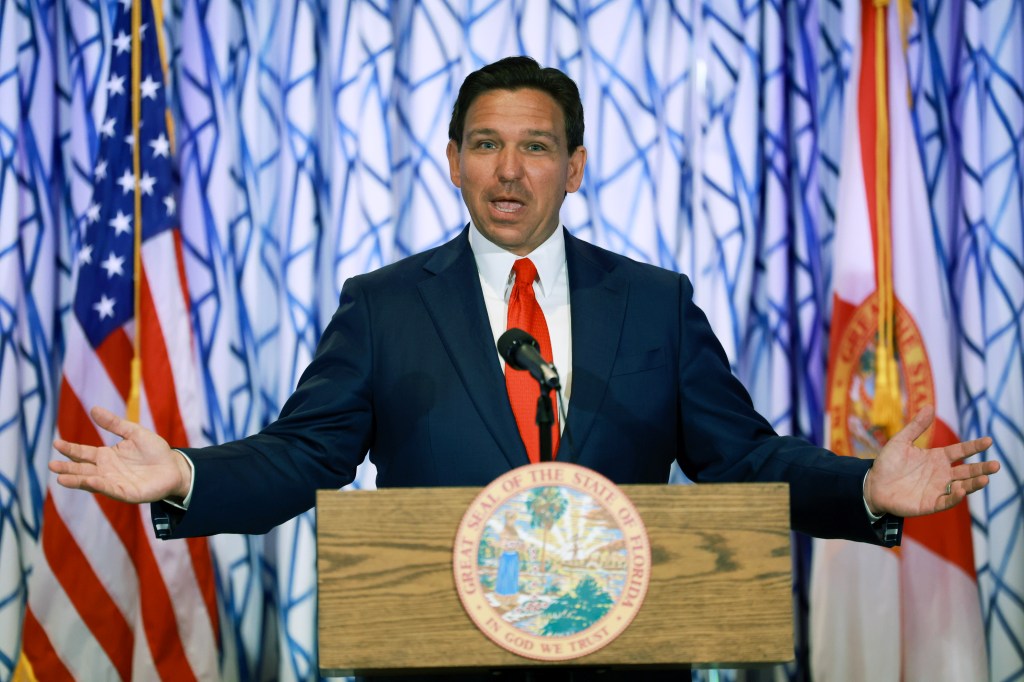 Florida Gov. Ron DeSantis speaks during a news conference held at the Santorini by Georgios restaurant in Miami Beach on March 20, 2024.