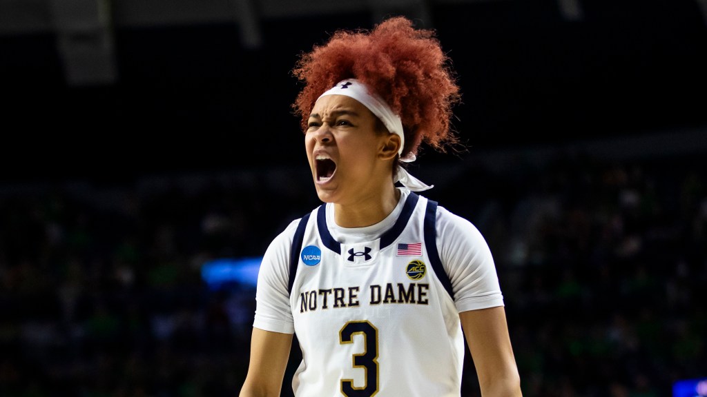 Notre Dame guard Hannah Hidalgo (3) celebrates during the first half against Mississippi in the NCAA Tournament Monday, March 25, 2024, in South Bend, Ind.