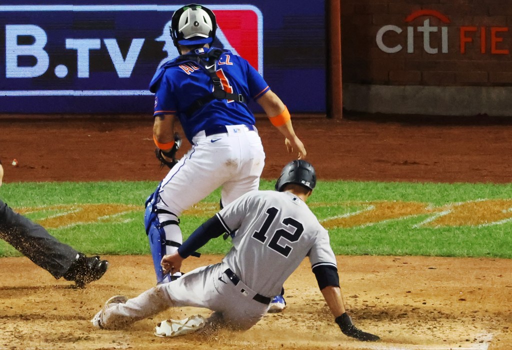 Isiah Kiner-Falefa, who is with the Blue Jays now, said his best Yankees moment was when he stole home against the Mets last June (above).