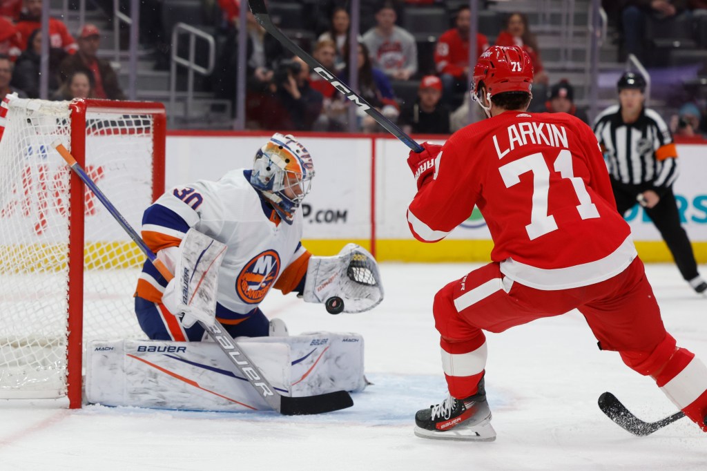 Islanders goaltender Ilya Sorokin makes a save against Detroit Red Wings center Dylan Larkin (71) in the second period at Little Caesars Arena. 