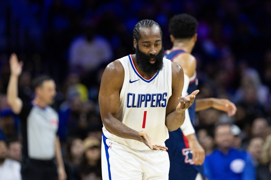 Clippers guard James Harden (1) reacts to his three pointer against the Philadelphia 76ers during the second quarter at Wells Fargo Center.