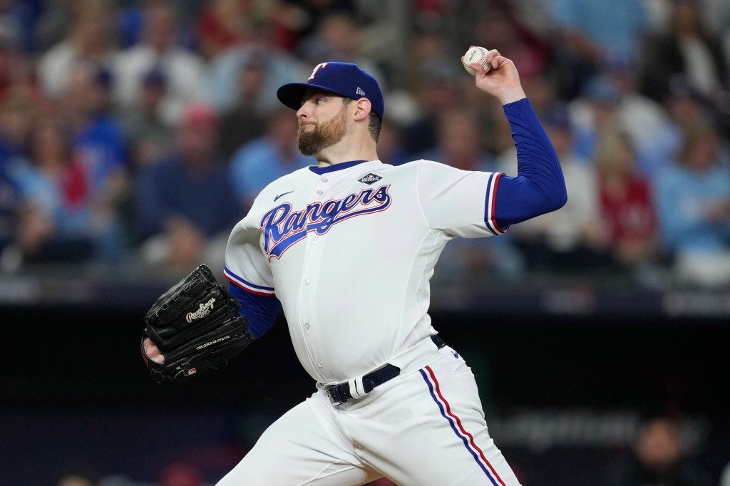 Rangers starting pitcher Jordan Montgomery throws to an Arizona Diamondbacks batter during the first inning in Game 2 of the baseball World Series.