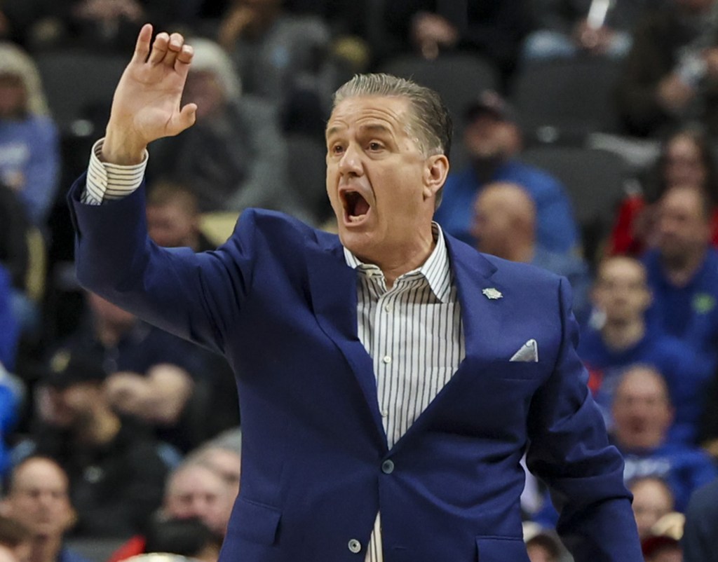 John Calipari yells out instructions during Kentucky's 80-76 upset loss to Oakland in the first round of the NCAA Tournament.