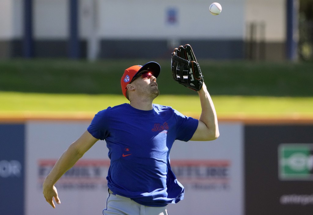 Brandon Nimmo, catching a fly ball during an earlier spring training practice, played center field in the Mets' 6-1 exhibition win over the Astros as Harrison Bader had a scheduled day off.